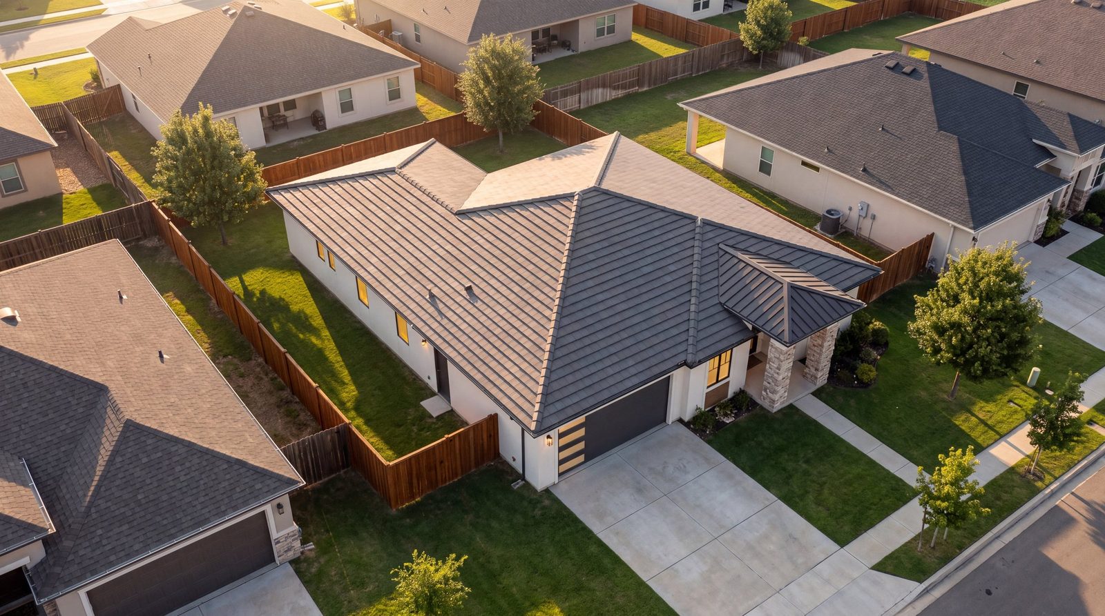 Photoreal aerial of Elevation A on its lot