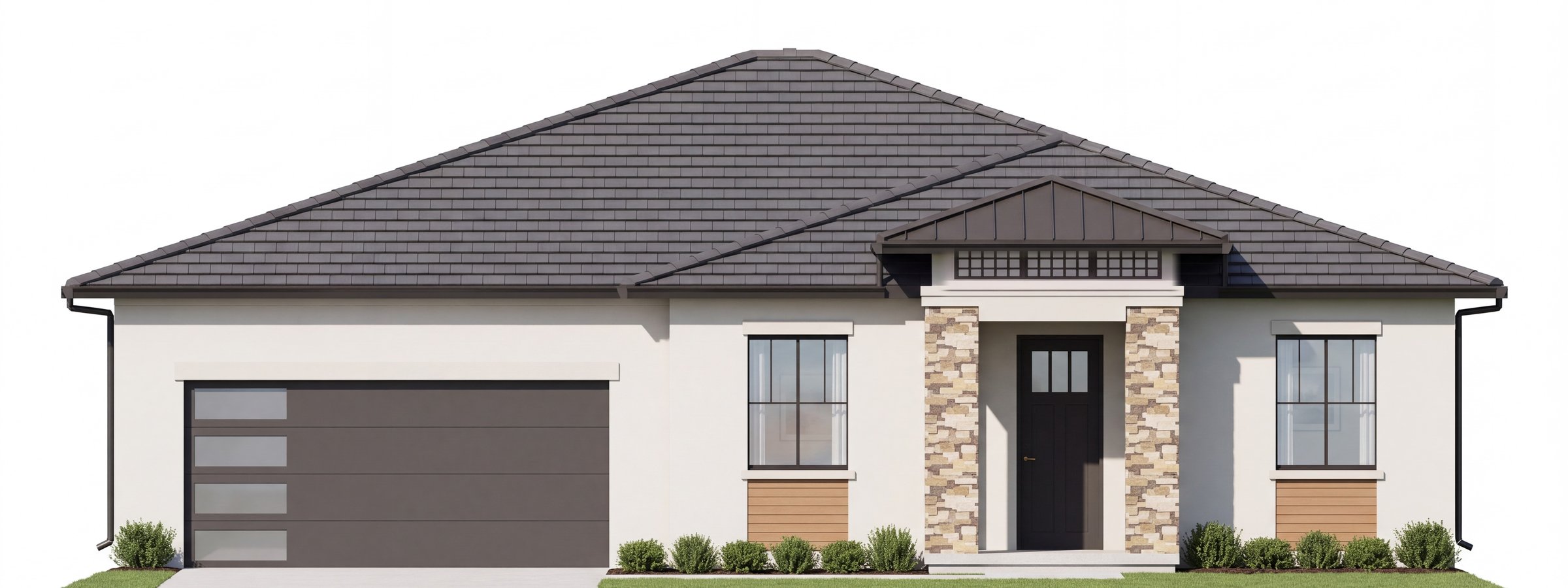 Photoreal front elevation: hipped tile roof, metal entry roof on stone columns, charcoal garage door
