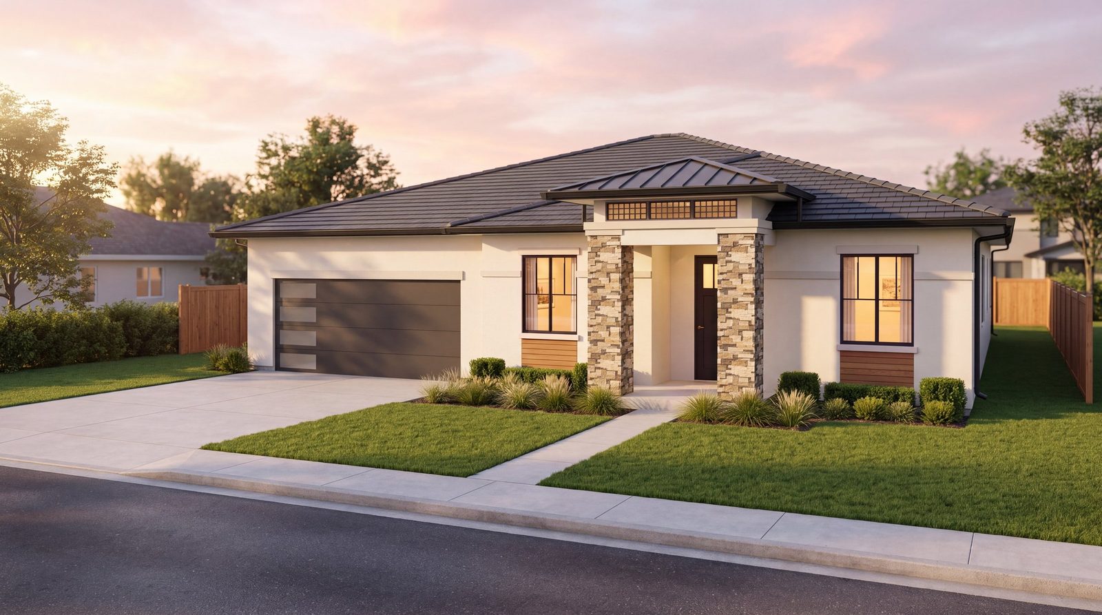 Elevation A, Modern Prairie: photoreal street view at golden hour
